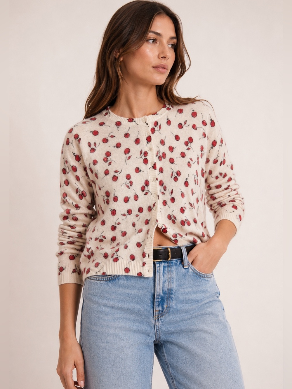 J. Crew Brushed Cashmere Cardigan Cherry Print Fuzzy - Picture 1 of 15